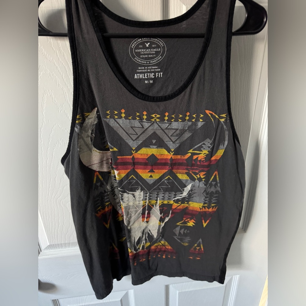 American Eagle Men’s Black Aztech Design Tank Top - Size Medium - Casual & Trend